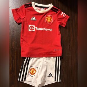 adidas Kids Red and White Manchester United Jersey and Shorts Set